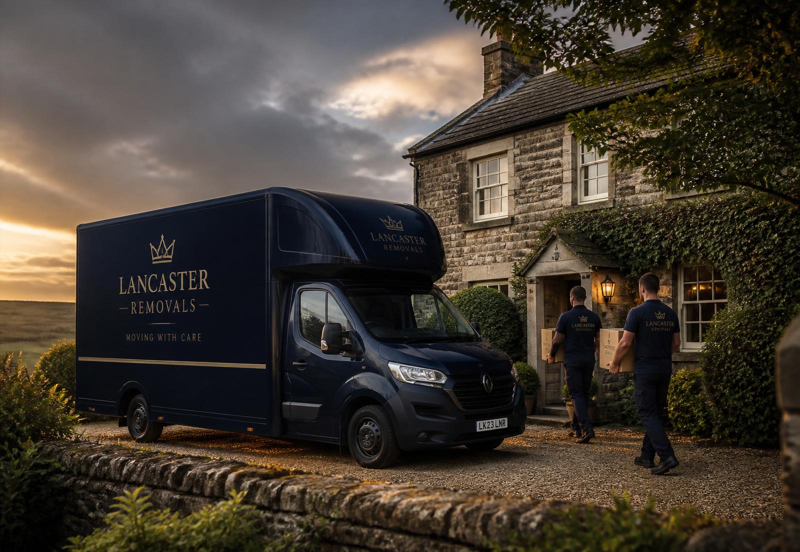 Rocky navy removal van outside a Lancashire cottage
